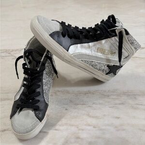 Golden Goose Slides with Silver Glitter & Black Star.  Size 36